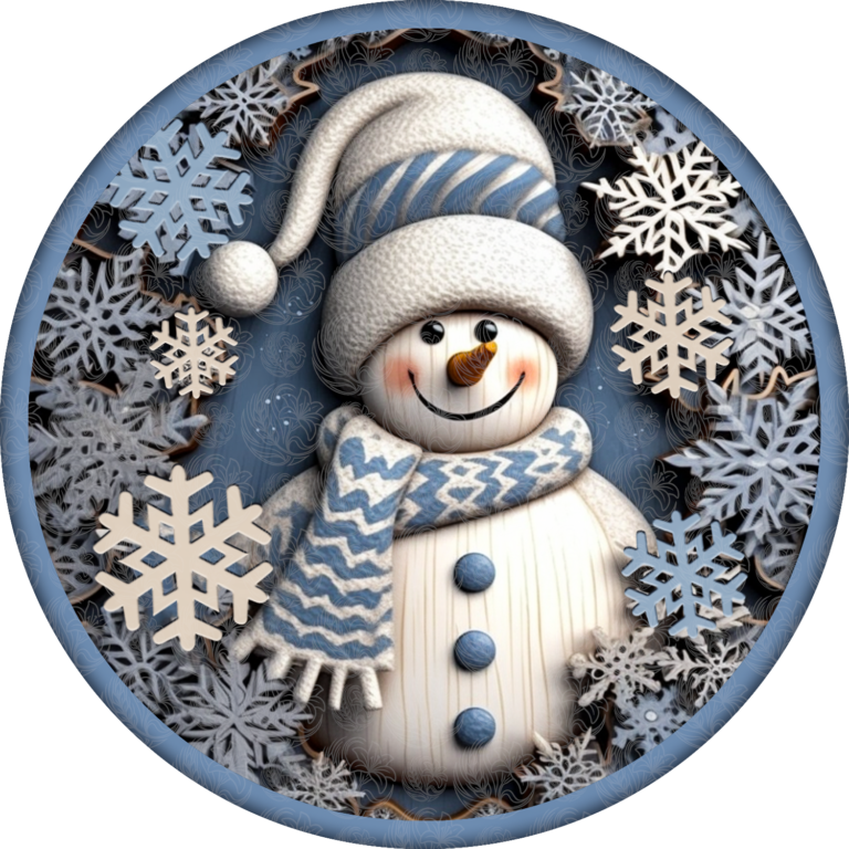 Snowman sign featuring carved snowman with blue scarf hat and snowflakes Grey Barn Handwerk Saskatchewan